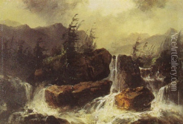 Vattenfall I Bergslandskap Oil Painting - Josef Karl Berthold Puettner