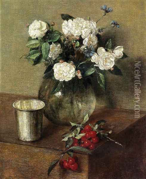 White Roses and Cherries Oil Painting - Ignace Henri Jean Fantin-Latour