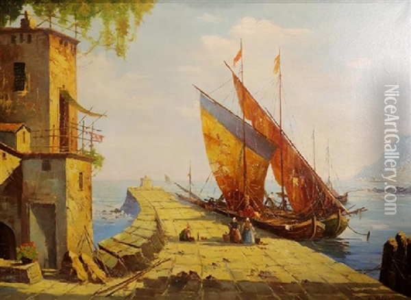 Amalfi Coast Harbor Scene With Fishing Boat And Figures Oil Painting - Georgi Alexandrovich Lapchine
