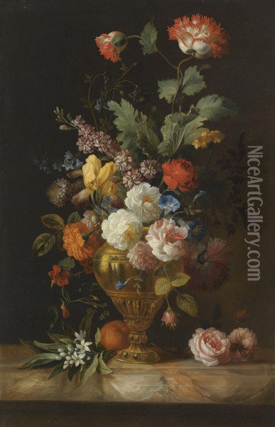 A Still Life Of Roses And Other Flowers In A Metal Vase On A Marble Ledge Oil Painting - Jakob Bogdani Eperjes C