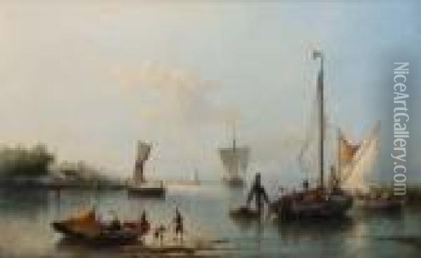 Dutch River Scenewith Figures And Shipping Oil Painting - Nicolaas Riegen