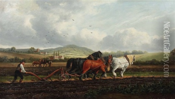 Bauern Mit Ihren Pferden Beim Pflugen In Hugeliger Landschaft Oil Painting - Albert Dunington