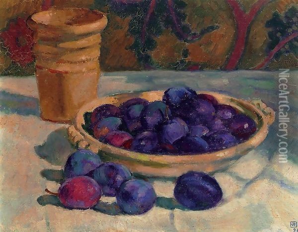 Still Life with Plums Oil Painting - Theo van Rysselberghe