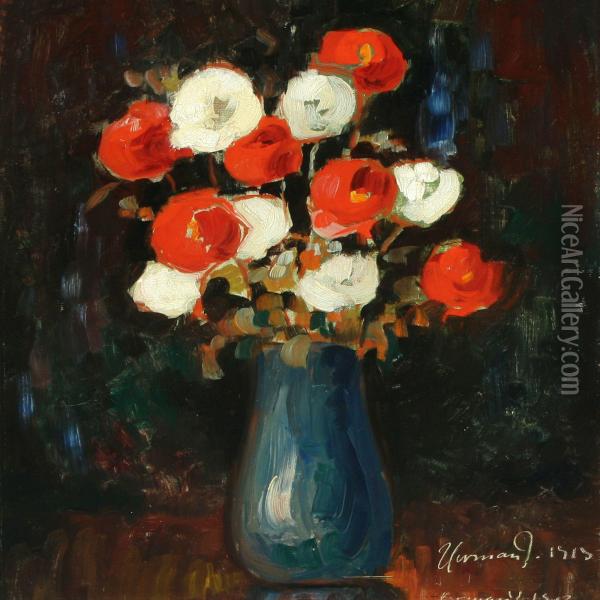 Still Life With Flowersin A Vase Oil Painting - Herman Jensen