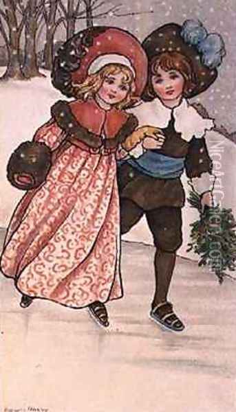 Girl and Boy Skating Oil Painting - Florence Hardy