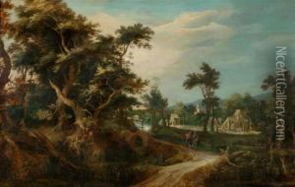 Wooded Landscape With Village And Two Walkers. Oil Painting - Gillis Claesz De Hondecoeter