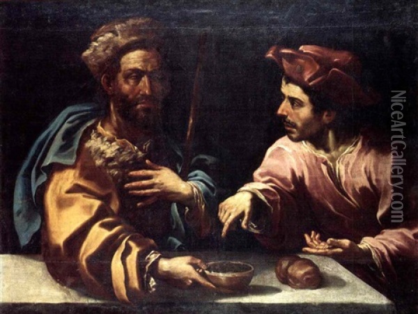 Two Men At A Table Discussing A Bowl Of Food Oil Painting - Annibale Carracci