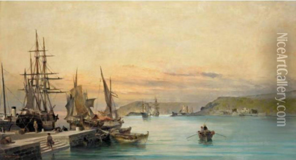 Admiring The Ships In A Greek Harbour Oil Painting - Constantinos Volanakis