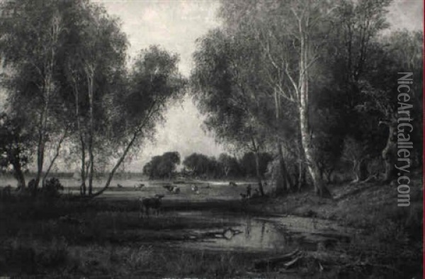 A Wooded River Landscape With Herdsmen Resting And Cattle Grazing Oil Painting - Hermann Eschke