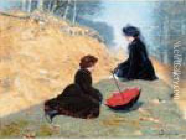 To Piger Der Hviler Ved Vejen (two Girls Resting On A Path) Oil Painting - Hans Anderson Brendekilde