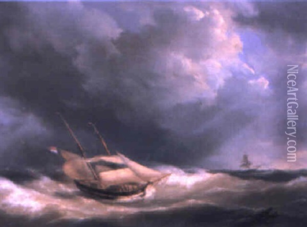 A Dutch Sailing Vessel In A Heavy Swell Oil Painting - Johannes Hermanus Koekkoek