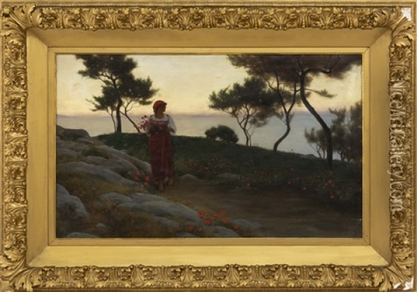 A Woman Gathering Red Flowers Along The Coast Oil Painting - Charles Caryl Coleman