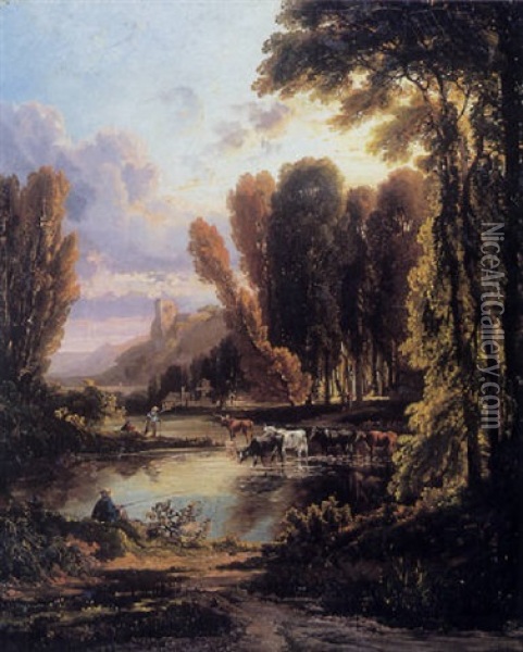 Cattle And Fisherman Near A Riverside Village Oil Painting - Andrew Melrose