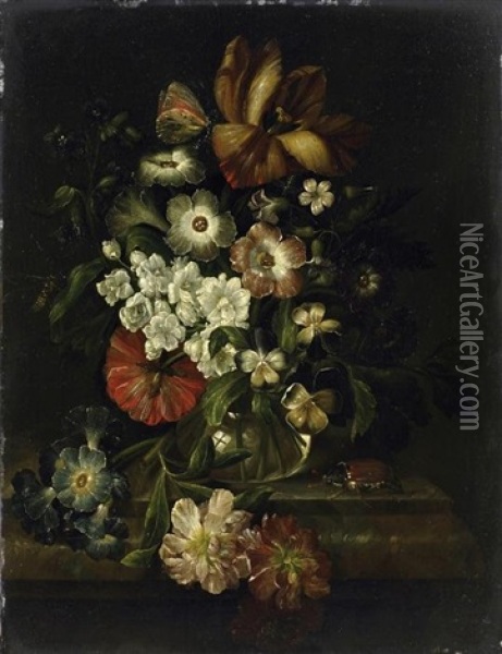 Stilleben Mit Einem Straus Blumen Und Insekten Auf Einer Marmorplatte Oil Painting - Rachel Ruysch