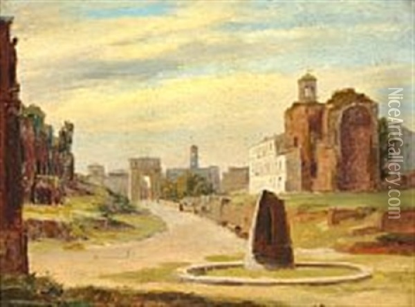 View Of The Roman Forum With Meta Sudans Oil Painting - Thorald Laessoe