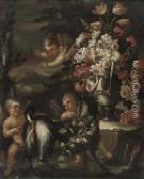 Putti Disporting With A Goat, By
 An Urn Of Chrysanthemums, Roses, Parrot Tulips And Other Flowers, In A 
Landscape Oil Painting - Frans Werner Von Tamm