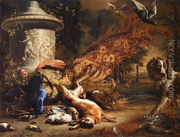 Still-Life with a Peacock and a Dog Oil Painting - Jan Weenix