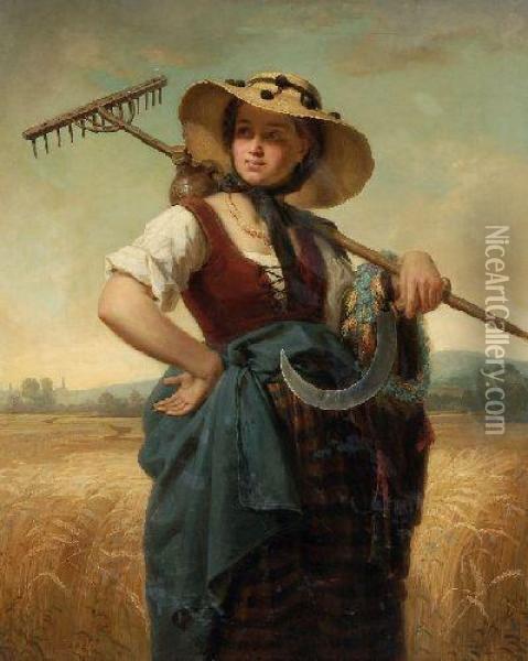 Bauernmadchen Mit Heurechen Und Sichel Oil Painting - Alexander Kuster
