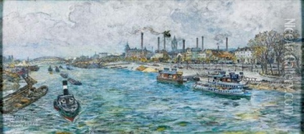 Vue Du Pont De Bercy A Paris Oil Painting - Frederic Anat. Houbon