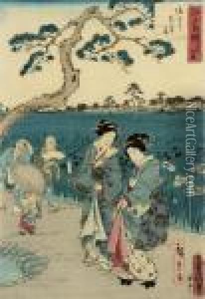 Irises At Horikiri Garden And Three Ladies Strolling Inkyoto: Oil Painting - Utagawa or Ando Hiroshige