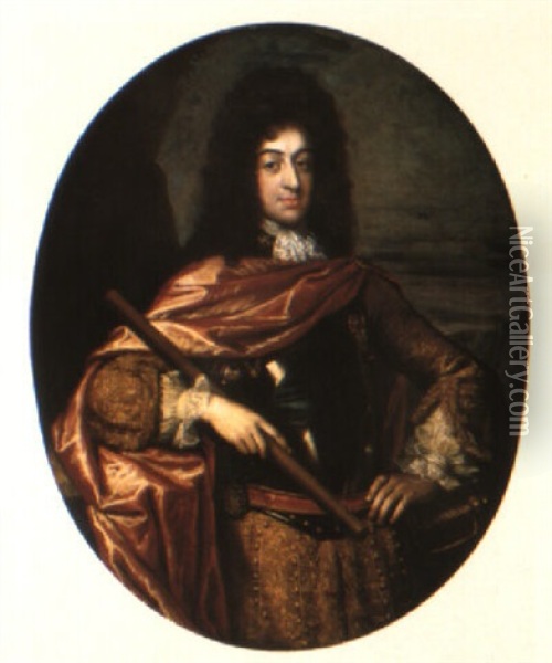 Portrait Of King Charles Xi Of Sweden Wearing The Order Of The Garter Oil Painting - David Klocker Von Ehrenstrahl