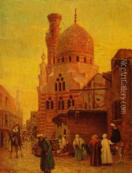 Arab Street Scene With Mosque Oil Painting - Otto Pilny