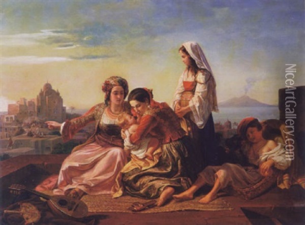 Amusing The Baby, The Bay Of Naples In The Distance Oil Painting - Johann Hermann Kretzschmer