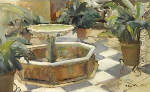 Fountain In A Courtyard, Seville Oil Painting - Joaquin Sorolla Y Bastida