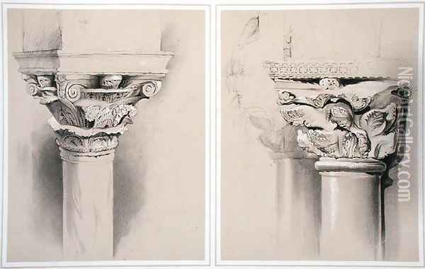 Torcello, Capital of Nave Pillar and St. Mark's, Capital from Central Porch, from Examples of the Architecture of Venice by John Ruskin, engraved by G. Rosenthal, 1851 Oil Painting - John Ruskin