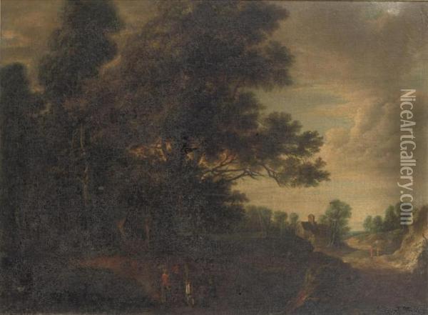 Travellers On A Path In A Forest Landscape Oil Painting - Lucas Van Uden