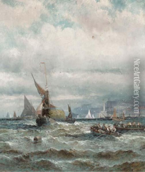 Haybarges And Other Shipping Off Ramsgate Oil Painting - William A. Thornley Or Thornber