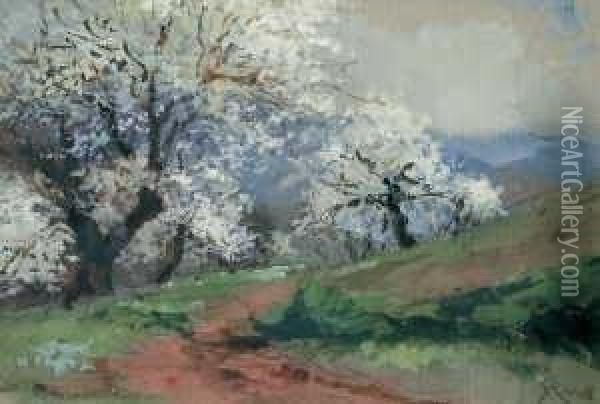 Landschaft Mit Bluhenden Obstbaumen. Oil Painting - Carl Rudell