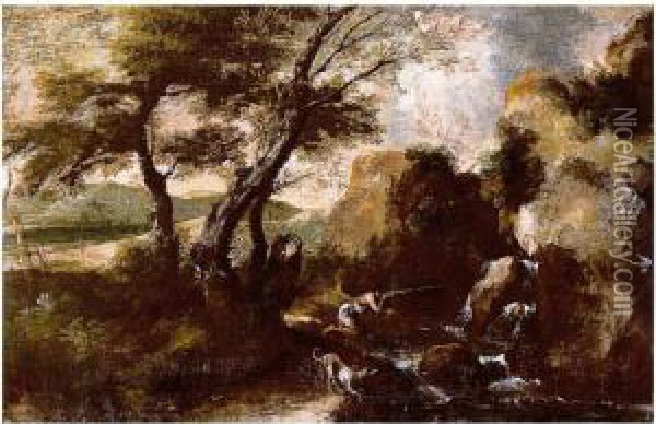 A Rocky Landscape With A Hunter And His Dog By A Waterfall Oil Painting - Antonio Francesco Peruzzini