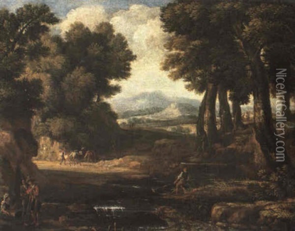 Italianate Wooded Landscape With Fisherman And Travellers On A Track Oil Painting - Gaspard Dughet