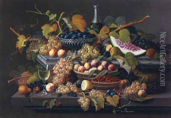Elaborate Still Life with Silver Basket of Plums Oil Painting - Severin Roesen