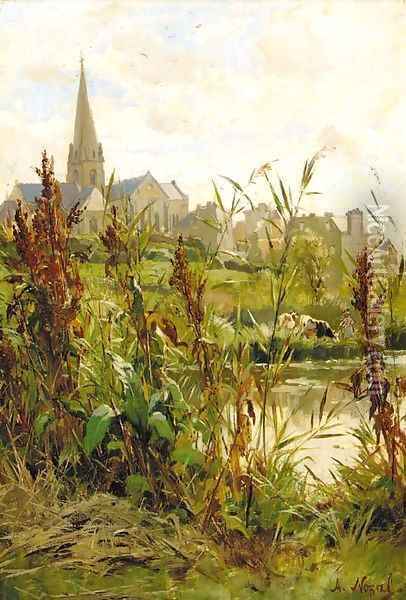 A church beyond a river Oil Painting - Alexandre Nozal