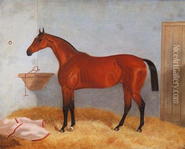 A Bay Hunter In A Stable Oil Painting - John Frederick Herring Snr