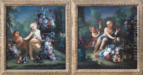 Composizione Di Fiori E Putti Entro Paesaggio (+ Another; Pair) Oil Painting - Michele Antonio Rapous