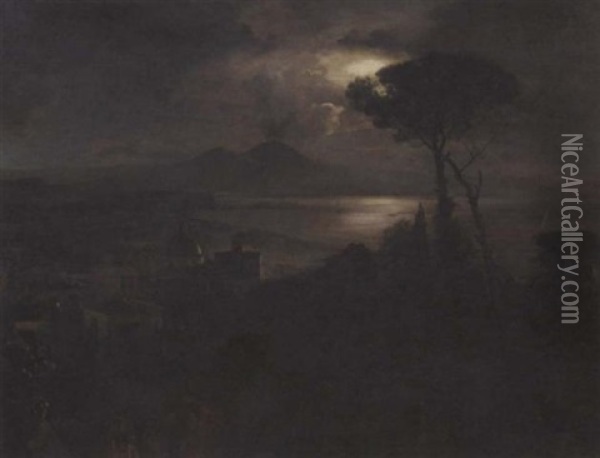 Musicians In The Streets Of Naples At Night, With Vesuvius And Mount Somma In The Distance Oil Painting - Oswald Achenbach