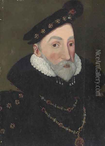 Portrait of a gentleman, traditionally identified as William Howard, 1st Baron, Howard of Effingham, bust-length Oil Painting - George Gower