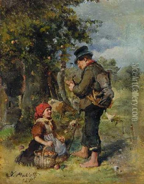 Wanderer Und Kleinesmadchen Mit Apfelkorb Oil Painting - Johann Makloth