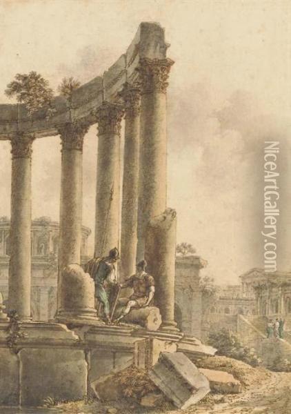 Une Fantaisie Romaine Avec Deux Soldats Sur Les Ruines D'un Temple Circulaire Oil Painting - Victor-Jean Nicolle