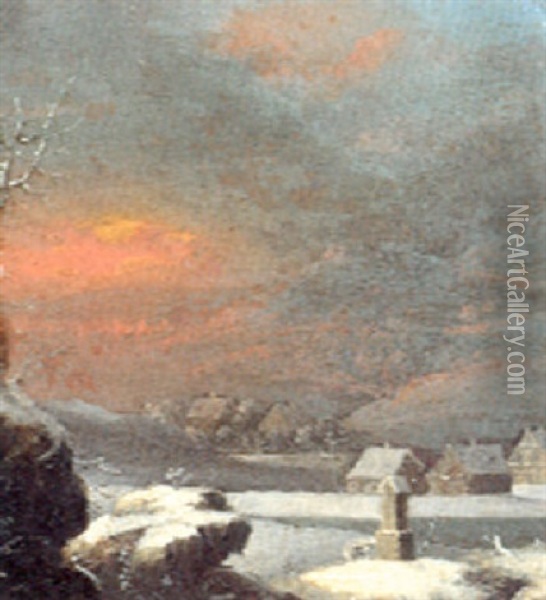 Winterlandschaft Mit Einem Bildstock, Dahinter Ein Dorf Oil Painting - Robert Griffier