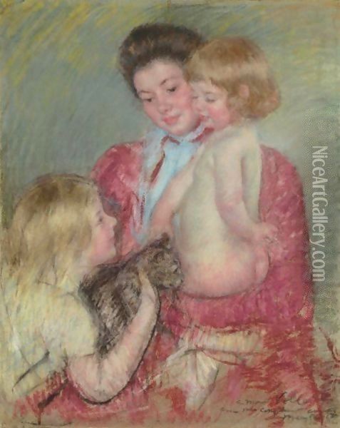 Reine Lefebvre With Blond Baby And Sara Holding A Cat (Maternite) Oil Painting - Mary Cassatt
