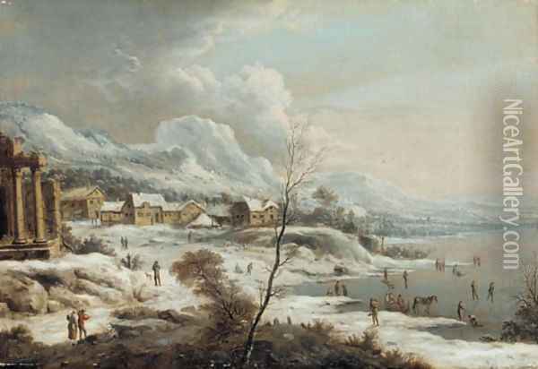 A Rhenish winter landscape with ice skaters Oil Painting - Johann Christian Vollerdt or Vollaert