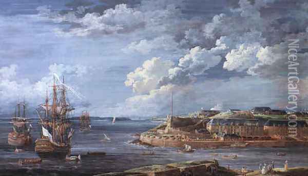View of Brest with the Batterie Royale and men o'war in the bay 1776 Oil Painting - Louis Nicolael van Blarenberghe