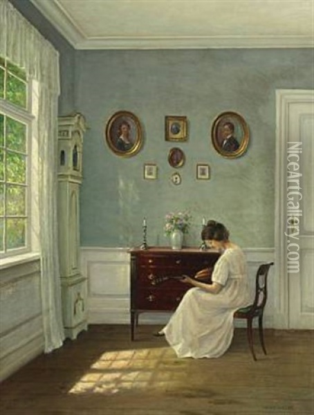 Interior Of A Sunny Sitting-room With A Woman Playing A Mandolin Oil Painting - Hans Hilsoe