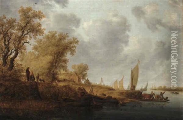 Peasants And Shepherds By A Ferry Oil Painting - Salomon van Ruysdael