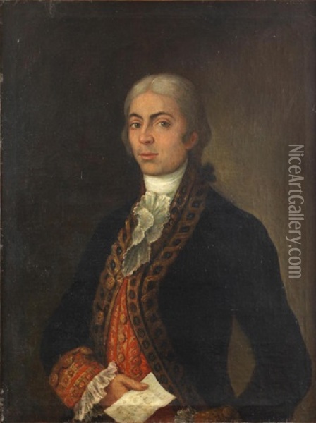 Portrait Of A Gentleman, Half-length, In A Brocade Trimmed Blue Coat, Holding A Letter Oil Painting - Agustin Esteve Y Marques