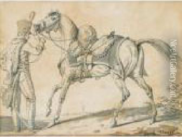Hussard Et Son Cheval 
[antoine-charles-horace Vernet, Called Carle Vernet ; Hussar And His 
Horse ; Pen And Wash ; Signed Lower Right Carle Vernet] Oil Painting - Carle Vernet